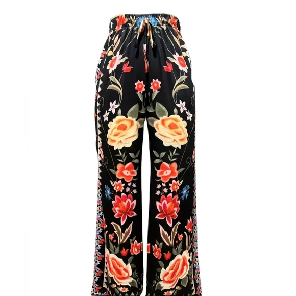 NWOT Palazzo Wide Leg Retro Colorful Floral Drawstring Pants - Picture 2 of 11